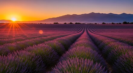 Vast lavender field at sunset with mountains in the background.