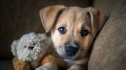 A cute young puppy rests with a teddy bear next to it peeking from behind a cozy couch with soft warm lighting