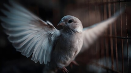 Close up of a light colored bird stretching its wings within a cage under soft atmospheric lighting