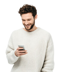 PNG Man smiling using smartphone