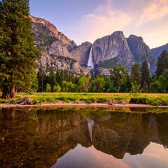 Fototapeta premium Scenic landscape showing mountain range, waterfall, and serene lake reflection