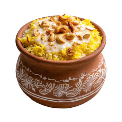 Traditional Clay Pot Filled with Yellow Rice Garnished with Nuts and Spiced Yogurt