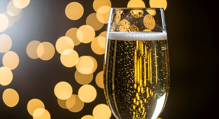Close up of a champagne flute filled with bubbly champagne against a bokeh background