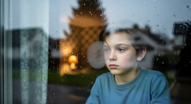 Pensive Boy Gazing Through Rain-Streaked Window with a Sad Expression.
