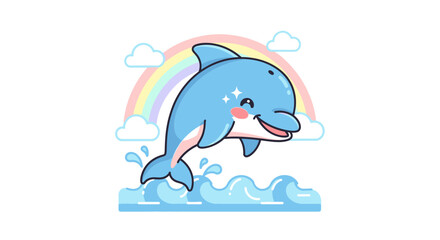 Naklejka premium Cartoon illustration of a happy dolphin jumping over water with a rainbow against a clean, white background in a vibrant and cheerful style.