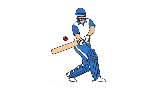 Cartoon of a cricketer hitting a ball with a bat in a stylized illustration against a clean white background using blue, red, and beige colors.