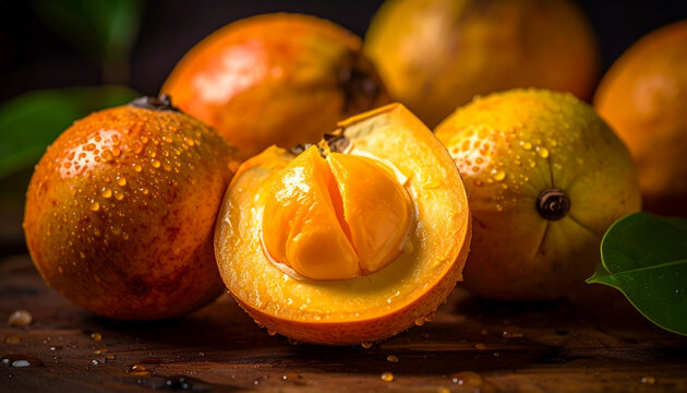 Fresh ackee fruit opened with visible seeds tropical rustic macro close up