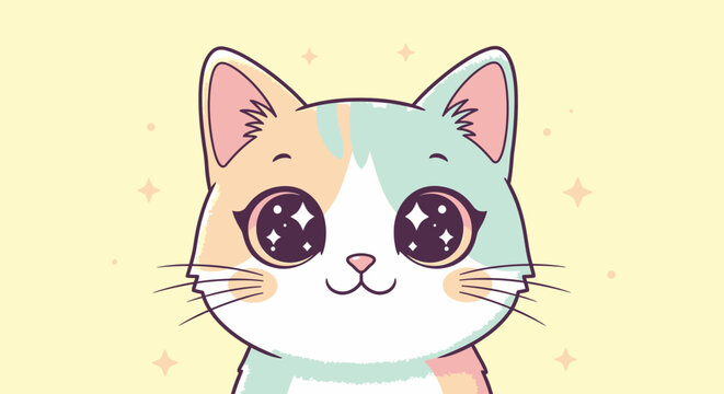 Fototapeta Cartoon kitten with star-filled eyes depicted in a flat illustration style against a soft yellow background, conveying a whimsical and charming mood.