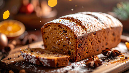 Gingerbread cake slice with powdered sugar and cinnamon sticks, warm festive close-up