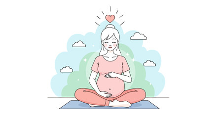 A serene pregnant woman meditating in lotus position, a digital illustration against a clean white backdrop conveying calmness and love.