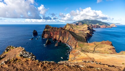 Scenic coastal landscape with cliffs meeting the ocean under a blue sky