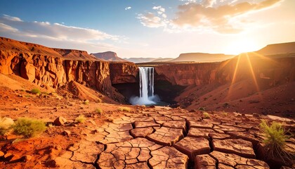Desert waterfall sunset
