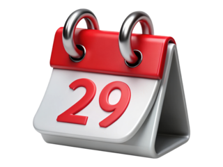 Dynamic 3D Render Flipping Desk Calendar Icon Showing Day 29 Isolated on Transparent Background