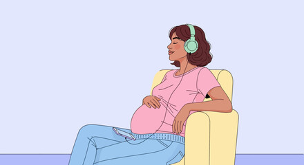 Obraz premium Illustration of a relaxed pregnant woman listening to music with headphones in a light, pastel-colored room conveying a peaceful mood.
