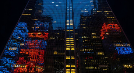Modern skyscraper illuminated with colorful lights at night