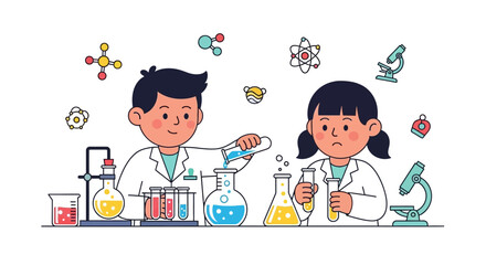 Illustrated boy and girl experimenting with beakers and flasks in a science lab, showcasing vibrant colors against a clean white background.