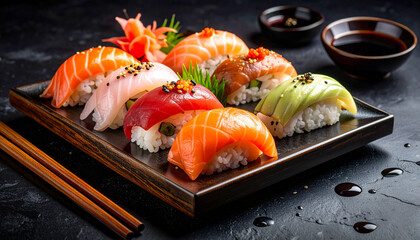 Sushi platter with soy sauce droplets and chopsticks beside