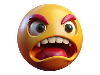 Fototapeta premium Angry yellow emoji with wide open mouth red eyebrows and visible teeth on a checkered background