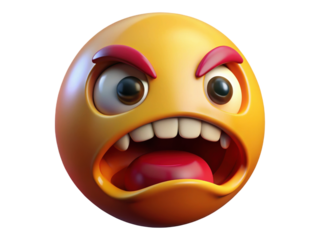 Angry yellow emoji with wide open mouth red eyebrows and visible teeth on a checkered background