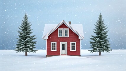 Naklejka premium Cozy red house in winter wonderland with snowy trees and snowfall