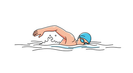 Line art of a swimmer performing freestyle in a pool against a white background, rendered with flat illustration style, conveying a sense of movement.
