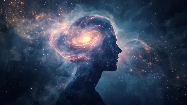 A silhouette of a human head filled with a swirling galaxy and cosmic dust, representing the vastness of thought and the universe within.