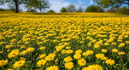 Obraz premium Field of Yellow Flowers in Full Bloom on a Sunny Day.