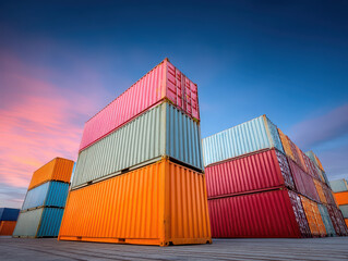 Fototapeta premium Colorful shipping containers stacked at port under vibrant sky illustrate supply chain resilience and global logistics with sense of strength and stability