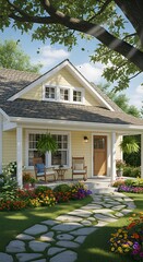 Charming Yellow Cottage with Stone Path and Lush Garden.