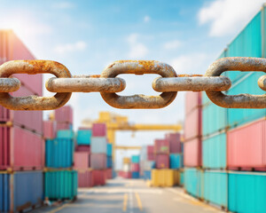 Rusty chain link in focus with colorful shipping container background, symbolizing connection and security in import export logistics at industrial port