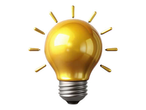 Shiny golden light bulb without a filament with radiating short lines on a checkered background