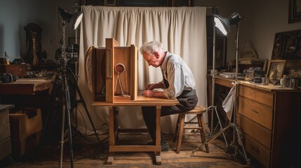 Fototapeta premium colonial-era photographer setting up wooden camera, portrait studio