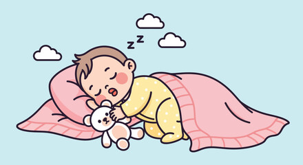An adorable baby sleeps peacefully, clutching a teddy bear under a pink blanket against a light blue background in a flat lay illustration.