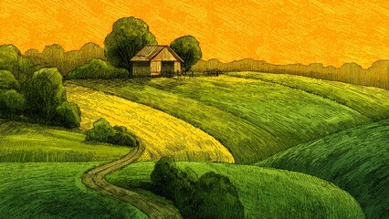 Countryside Landscape Illustration – Vintage Rural Farmhouse with Golden Fields and Sunset Sky