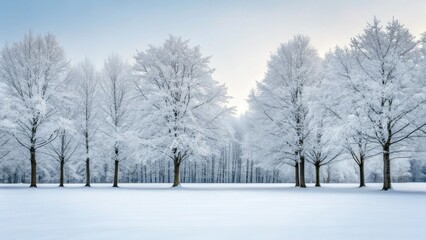 Snowy landscape with trees covered in frost on a winter morning.
