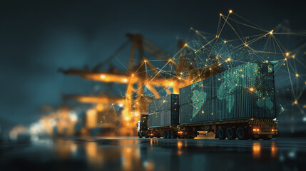 Smart Innovation connection cyber security Container truck in ship port for business Logistics transportation of Container Cargo ship Cargo plane with working crane bridge in shipyard at Twilight