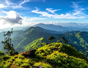 Fototapeta premium Scenic mountain range under a bright, partly cloudy, sky