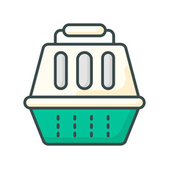 Vet Carrier Icon in a Flat Design Style Featuring a Cream Top and Teal Base with Ventilation Slots and a Handle on a Transparent Background