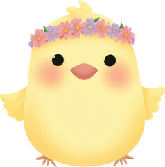 Blossom Crown Chick: Adorable yellow chick with a charming flower crown, embodying cuteness and springtime freshness. transparent background