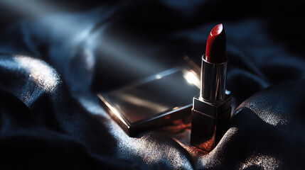 A red lipstick and compact mirror on a dark blue silky fabric with a beam of light shining on them