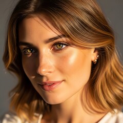 Naklejka premium Radiant Beauty - A Portrait of Natural Elegance and Golden Hour Glow.
