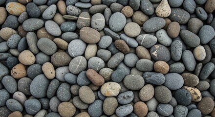A neatly arranged circular mound of smooth, grey and brown pebbles, creating a pleasing textured pattern and uniform shape ,material ,texture ,construction