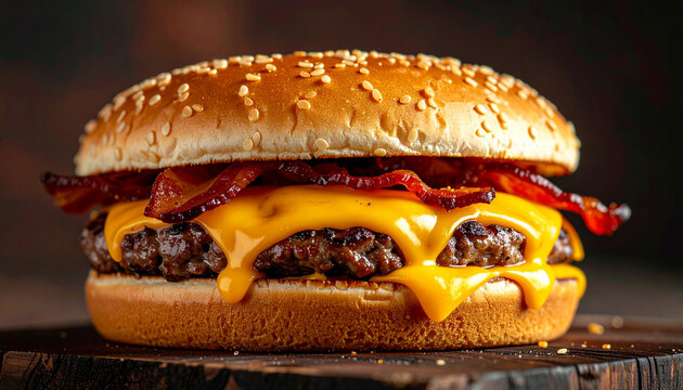 Cheeseburger with crispy bacon and melted cheese on sesame bun, juicy close-up