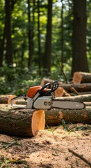 A powerful modern chainsaw rests on a freshly felled log in a dense sunlit forest, surrounded by woodchips and timber, awaiting its next cut ,harvest ,cutting ,sawmill