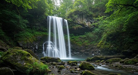 Fototapeta premium A powerful waterfall cascades over mossy rocks in a lush, green forest, creating a serene and captivating natural scene ,nature ,moss ,powerful