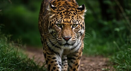 Obraz premium A powerful predatory animal, intensely focused and camouflaged, silently stalking through its natural habitat, ready to pounce ,listen ,focused ,watch