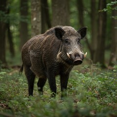A powerful wild boar stands alert amidst dense forest undergrowth, its sharp tusks prominent, suggesting an ancient wilderness pursuit ,chase ,danger ,animal