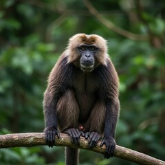 Obraz premium A powerful, shaggy primate with an intense gaze, perched on a branch in a dense jungle, embodying raw wilderness and untamed strength ,alpha ,branch ,primate