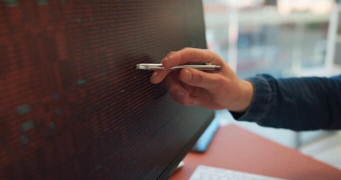 Man, hand and code with HTML on computer screen for software development, web design or hyperlinks at office. Programmer, review or app developer with pen for frontend UI or website cybersecurity