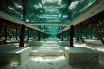 Underwater architecture, white stone path through trees